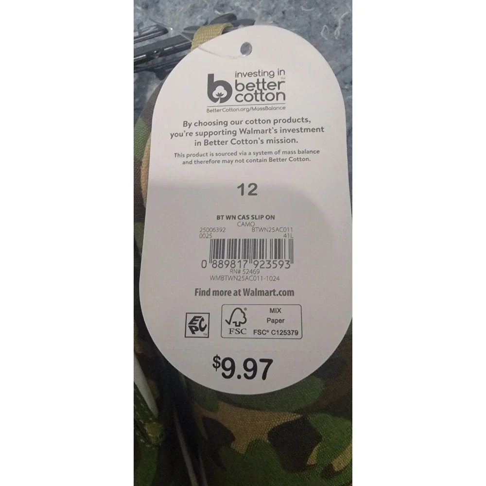 Better Cotton Mass Balance BT WN Cas Slip On Camo Sneakers Size‎ 12